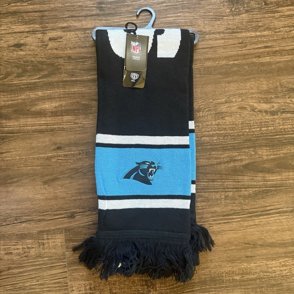 NWT Carolina Panthers NFL Scarf OTS Vantage Knit Embroidered Logo Black Blue